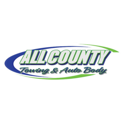 Logo with "ALL COUNTY" in large green letters, and "Towing & Auto Body" in blue script, surrounded by blue and green swoosh accents on a white background.