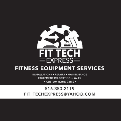 Black and white business card for Fit Tech Express advertising fitness equipment services, contact number, email, and list of services including installations, repairs, and sales.