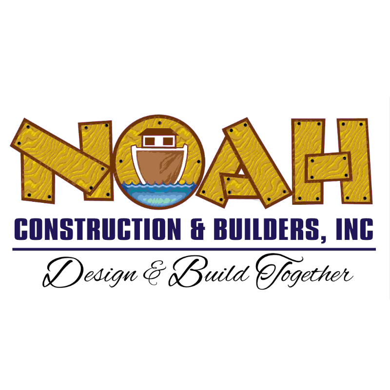 Logo for Noah Construction & Builders, Inc. featuring large yellow letters with a wooden texture, an ark in the "O," and the slogan "Design & Build Together" below.