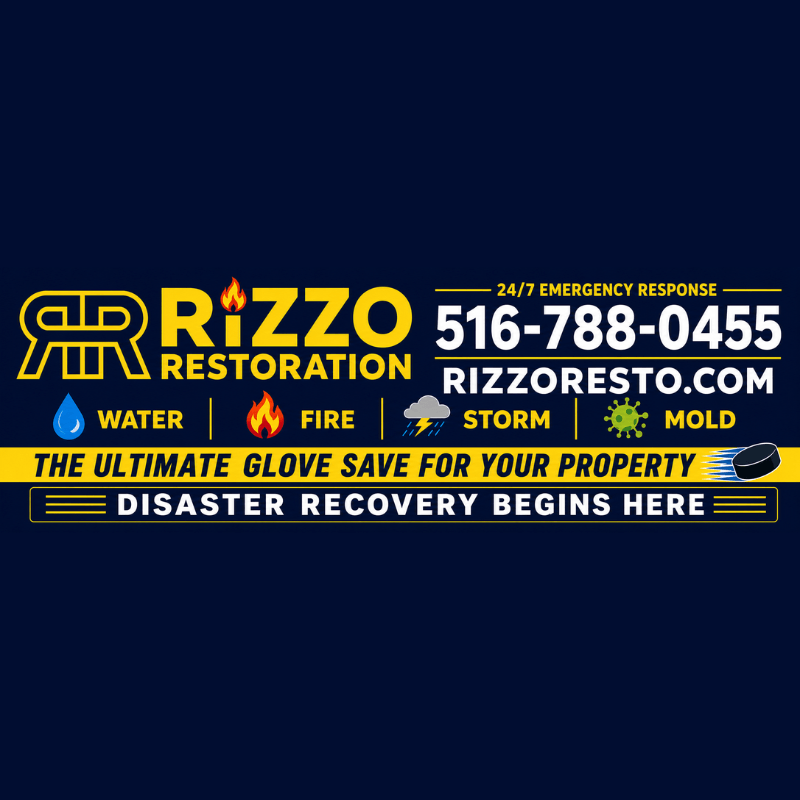 Rizzo Restoration advertisement with contact info, offering water, fire, storm, and mold disaster recovery services. Slogan: "The ultimate glove save for your property.