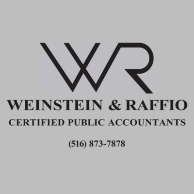 Logo for Weinstein & Raffio Certified Public Accountants with stylized "WR" initials and contact phone number (516) 873-7878 on a gray background.