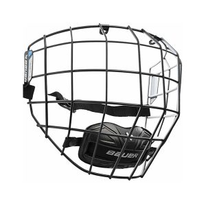 The Bauer Face AS Cage is a black wire hockey helmet cage featuring a chin pad and adjustable strap, shown from the side against a white background.