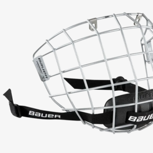 The Bauer Face Cage Youth Prodigy is a silver wire hockey helmet mask featuring a black chin cup, adjustable black straps, and "Bauer" branding.