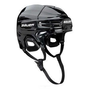 The Bauer Prodigy Helmet Only is a black hockey helmet featuring a chin strap, ventilation slits, and white Bauer branding on the front and side.