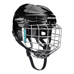 The Bauer IMS 5.0 hockey helmet, featuring a chrome face cage and black chin strap, is displayed against a white background.