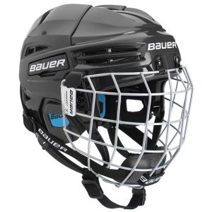Bauer Prodigy Youth Helmet/CAGE COMBO in black with a silver metal face cage, chin strap, and visible adjustment label.