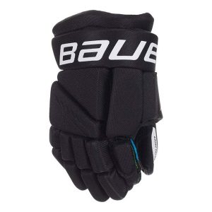 The Bauer X hockey glove in black features white lettering, padded segments, and a protective design.