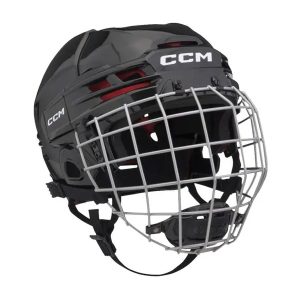 The CCM Tacks 70 is a black hockey helmet featuring a silver metal cage faceguard, ventilation slots, and an adjustable chin strap.