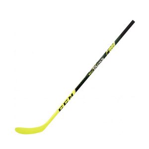 A CCM Youth Tacks 20 or 30 Flex hockey stick in yellow and black with a curved blade is displayed on a white background.