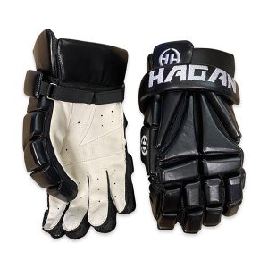 A pair of Hagan Hockey Gloves in black and white, featuring the "HAGAN" logo, displayed from both palm and back views on a white background.