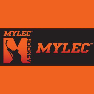 Mylec Hockey logo with a silhouette of a hockey player holding a stick, set against an orange and black background.