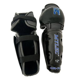 Pair of black Mylec Shin MK3 Airflow 8" shin guards with velcro straps, designed for sports protection, shown from side and front angles.
