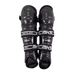 A pair of black Mylec Shin MK5 9" or 11" guards with adjustable straps, designed for sports protection.