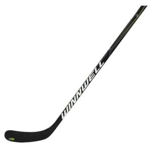 The Winnwell RXW1 Q5 Stick is a black ice hockey stick featuring a curved blade and white branding along the shaft.