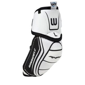A white and black Winnwell Soft AMP500 hockey elbow pad with "L" markings is shown against a plain background.